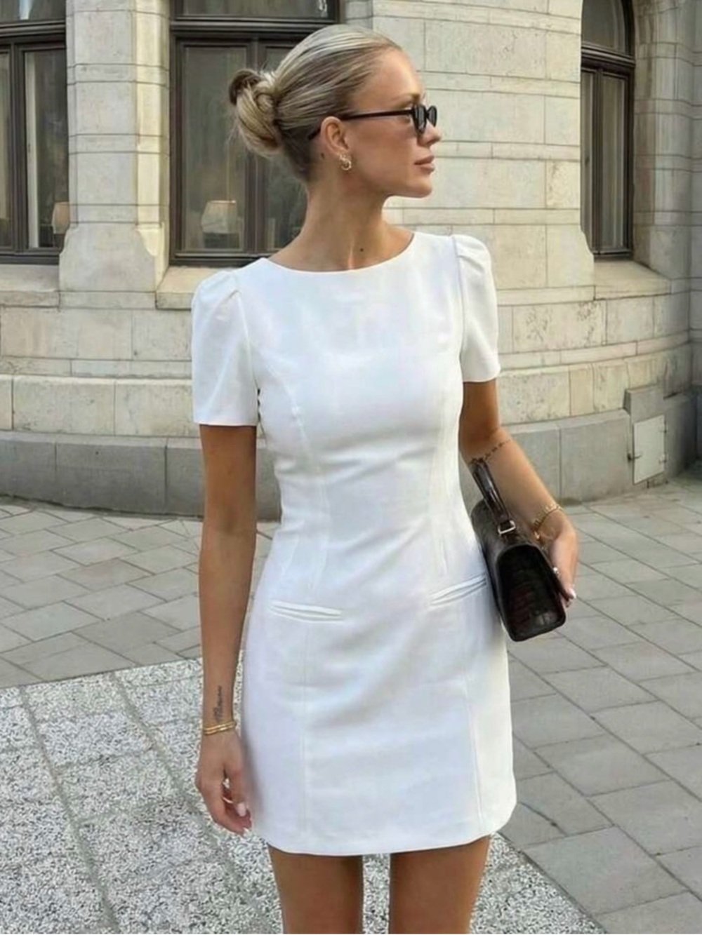 White Mini Dress with Puff Sleeves